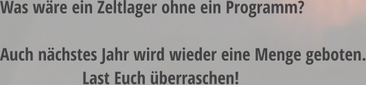 Was wäre ein Zeltlager ohne ein Programm?   Auch nächstes Jahr wird wieder eine Menge geboten.                    Last Euch überraschen!