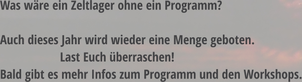 Was wäre ein Zeltlager ohne ein Programm?   Auch dieses Jahr wird wieder eine Menge geboten.                    Last Euch überraschen! Bald gibt es mehr Infos zum Programm und den Workshops.